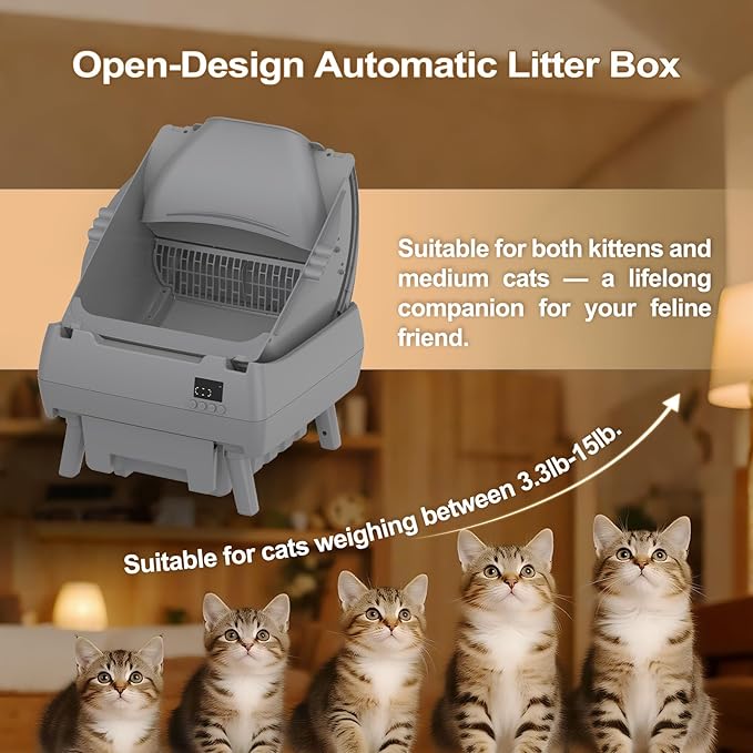 Automatic Cat Litter Box Self Cleaning - APP Control, Open-Style Design, Smart Health Monitor, Suitable for Medium Cats and Kittens, Safe Anti-Pinch, Quiet, A Lifelong Companion - Grey