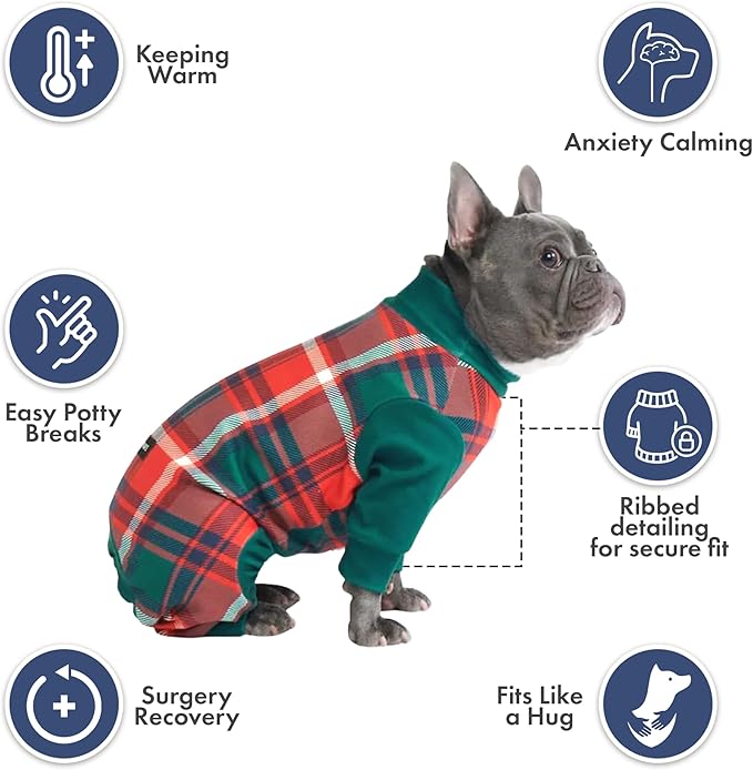 Spark Paws Dog Christmas Pajama, Dog Recovery Suit Male, Onesie, Ultra-Soft and 4-Way Stretch, for Small Medium and Large Breeds - Green and Red Plaid - M
