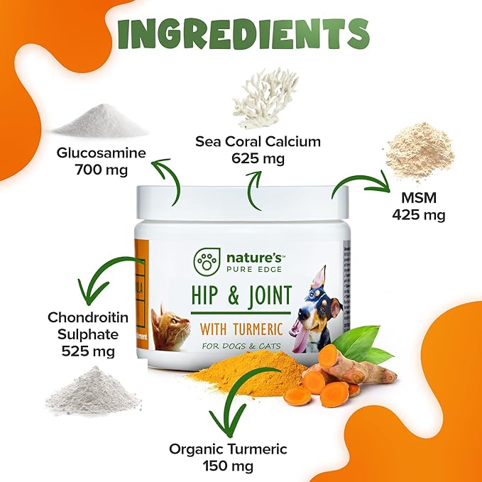 Nature's Pure Edge Dog & Cat Hip + Joint Powder Supplement – Extra Strength Glucosamine & Chondroitin for Dogs (Senior Friendly) | Arthritis & Joint Pain Relief | 170 g