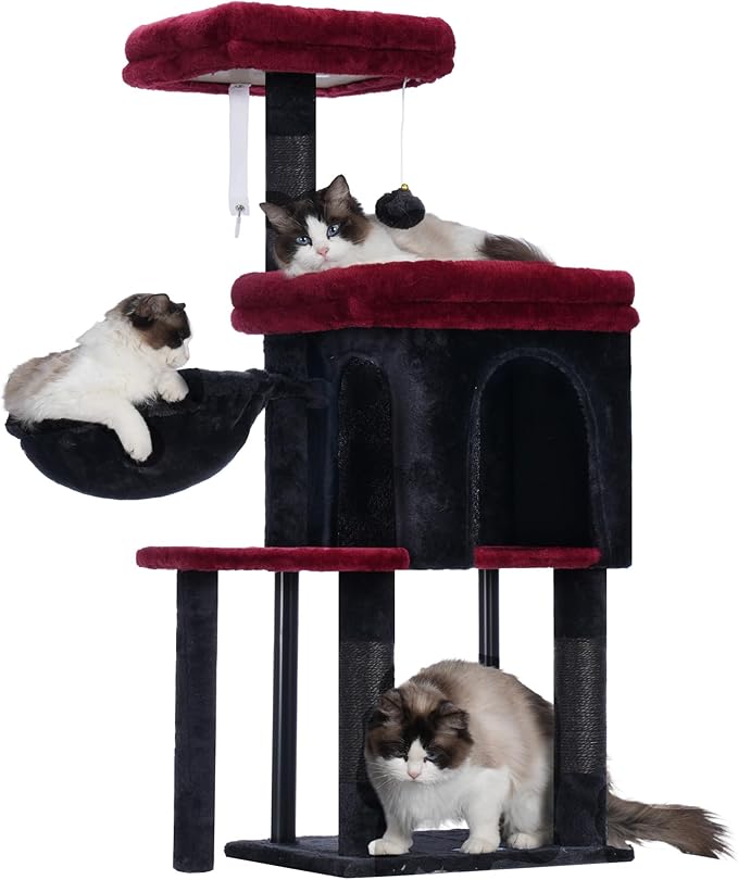 Hey-brother Cat Tree Tower, Scratching Posts with Cozy Condo, Padded Bed, Hammock, Plush Perch, Sisal Post and Ball for Indoor Kittens, 44.9 Inches, Black and Red MPJ009SBR