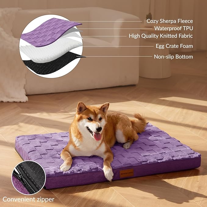 Patas Lague Orthopedic Dog Bed for Small Dogs 20''X15'', Waterproof Soft Warm Comfortable Egg Crate Foam Small Pet Beds Mat with Removable Washable Cover and Nonskid Bottom, Pueple