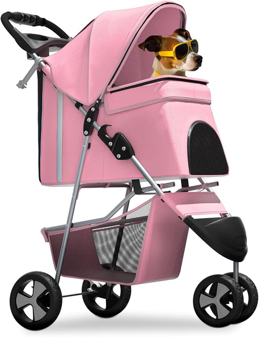 Magshion 3-Wheel Pet Stroller, Foldable Travel Jogger for Small & Medium Dogs & Cats (Up to 33lbs), Lightweight Carrier with Breathable Mesh Cover, Cup Holder & Storage Basket, Pink
