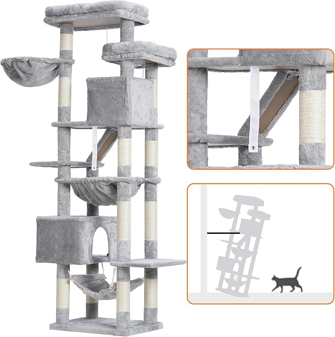 Heybly Cat Tree, 71-Inch-Tall Tower for Indoor Cats with 2 Perches, 2 Big Condos, 2 Hammocks, Basket, Scratching Pad, Large Cat Furniture and Condo, Light Gray HCT034W