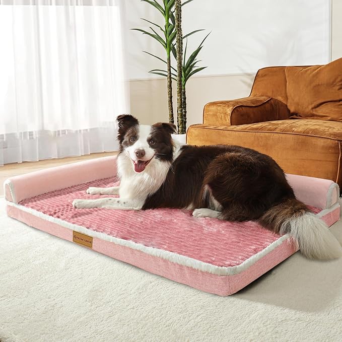 Patas Lague Orthopedic Dog Bed Large Sized Dog 36''X24'', Waterproof Comfortable L Bolster Medium Non-Slip Soft Warm Pet Crate Bed Sleep Sofa mat with Removable Washable Cover, Pink