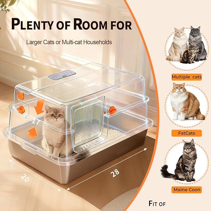 Enclosed XXXL Stainless Steel Litter Box, 28" L x 20" W x 17" H, Side Entry Extra Large Metal Cat Litter Box with Lid for Big & Multiple Cats, Removable Enclosure, Anti-Leakage,Easy to Clean