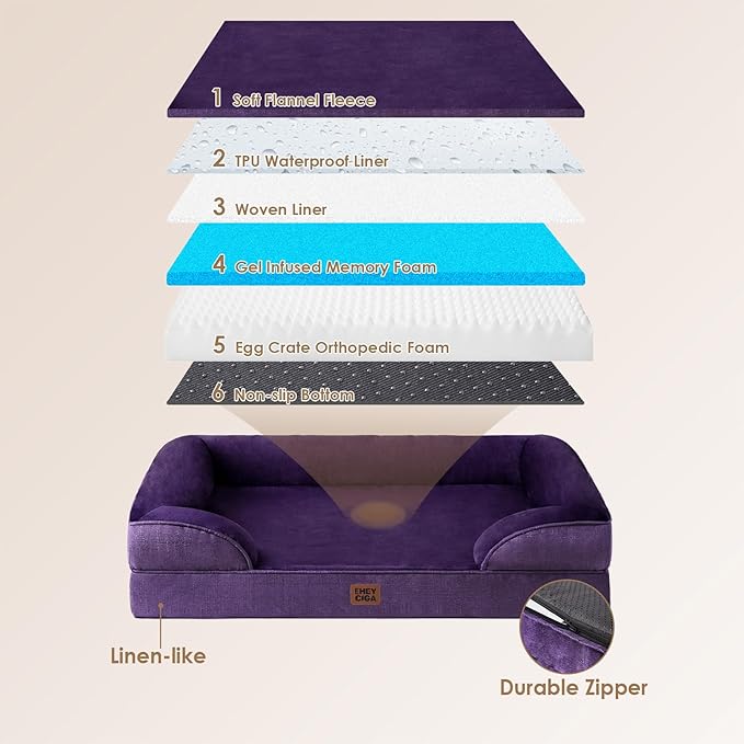 EHEYCIGA Orthopedic XL Dog Beds, Waterproof Memory Foam Dog Bed for Extra Large Dogs, Non-Slip Bottom and Egg-Crate Foam Big Pet Couch Bed with Washable Removable Cover, Purple