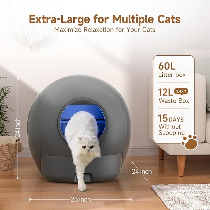 Upgraded Self Cleaning Litter Box, KungFuPet S2 Automatic Cat Litter Box Self Cleaning for Multi Cats, Extra Large Automatic Litter with Safety Protection, Odor Removal, APP Control Robot Cat Box