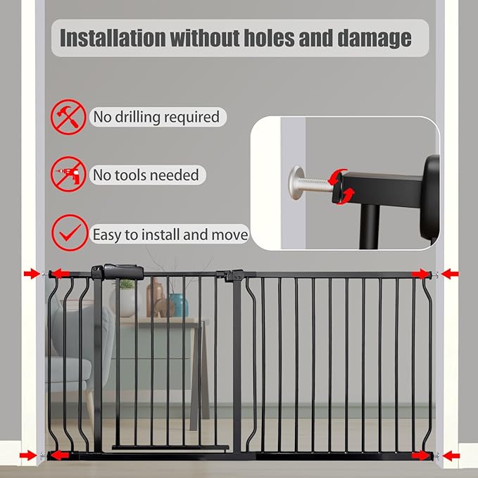 Extra Wide Baby Gates - 71.6-76.4 Inch, Black Metal Pressure Mounted Child & Pet Gates for Stairs & Doorways