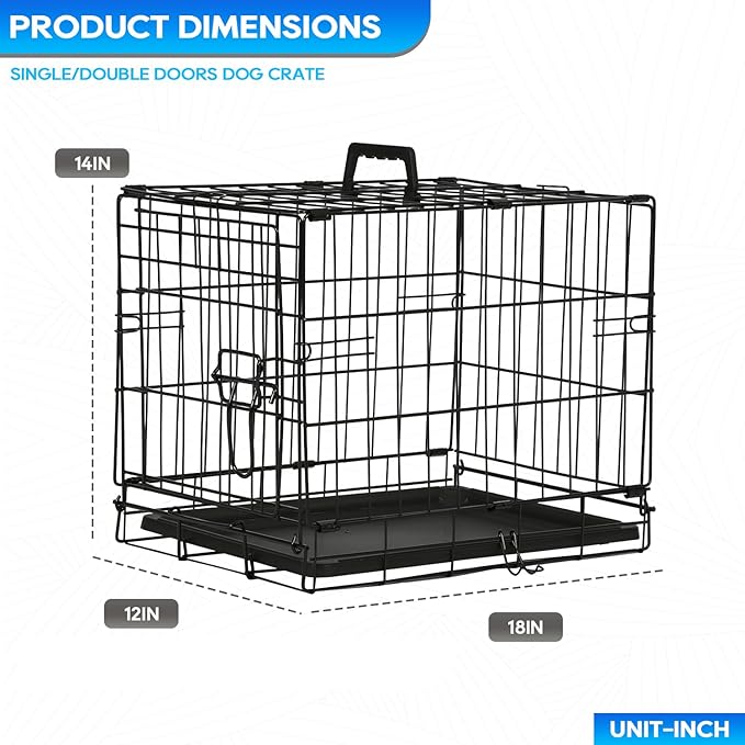 FDW Dog Crate for Small Dogs 18 Inch Folding Metal Wire Pet Cage Single Door W/Divider Panel Indoor Outdoor Kennel Leak-Proof Plastic Tray,Black