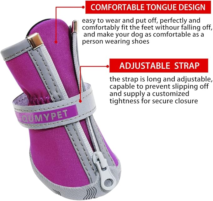 QUMY Dog Shoes for Small Dogs, Puppy Dog Boots & Paw Protector for Winter Snow Day, Summer Hot Pavement, Waterproof in Rain Weather, Ourdoor Hiking, Indoor Hardfloors Skid-resistant Sole Purple Size 4