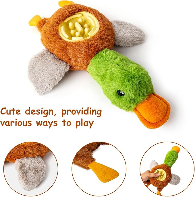 Hollypet Squeaky Plush Stuffed Dog Puzzle Toy with Slow Feeder Bowl, Interactive Chew Toy for Small and Medium Dogs, Wild Duck