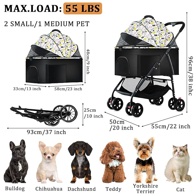 3 in 1 Dog Strollers 4 Wheels Folding Pet Stroller with Detachable Carrier Multifunction Portable Dogs Travel Carriers for Medium Small Puppy Kittens