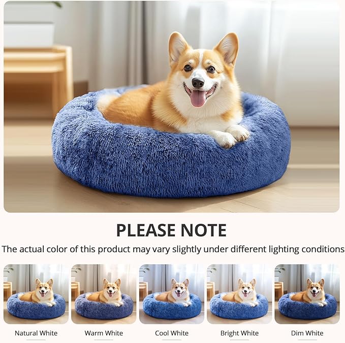 JOLLYVOGUE Calming Dog & Cat Bed for Small Dogs, Anti-Anxiety Donut Cuddler Cozy Soft Round Bed with Anti-Slip Bottom, Fluffy Faux Fur Plush Cushion Beds for Small Medium Pets (20")