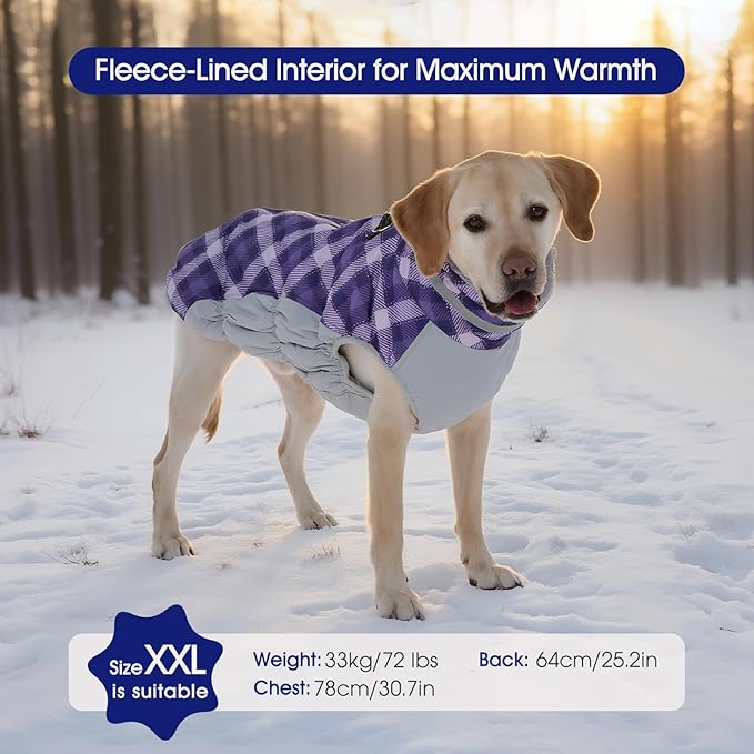 FUAMEY Dog Coat for Small Dogs,Waterproof Dog Winter Jacket with Harness Built in Puppy Cold Weather Coats Reflective Pet Vest with Zipper Warm Fleece Dogs Snowsuit Windproof Purple Plaid XS