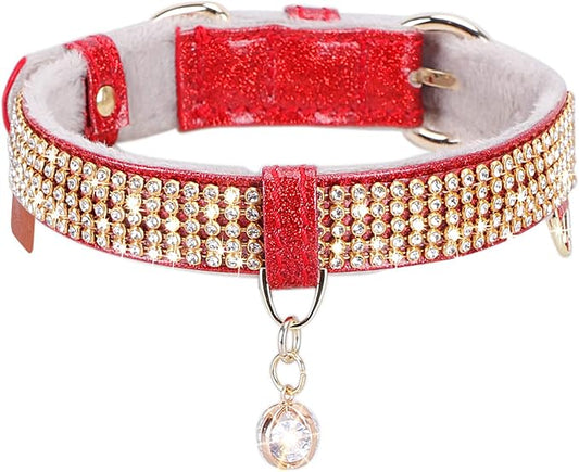 PetsHome Cat Collar, Dog Collar, [Bling Rhinestones] Premium PU Leather with Pendant Adjustable Collars for Small to Medium Dog Medium Red
