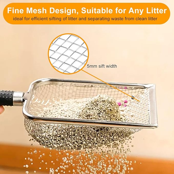 AccEncyc Cat Litter Scoop 2PCS Stainless Steel Mesh Litter Shovel Poop Sifting Litter Box Scooper with 2 Self-Adhesive Hooks, Kitten Pooper Lifter for Litter Box