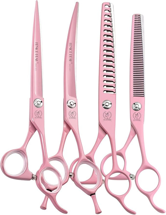 Fenice Peak 7" Professional Dog Grooming Scissors Set, Japanese 440C Stainless Steel Straight Thinning Curved Chunker Shears for Pet Grooming, Trimming Face, Paws, Pink