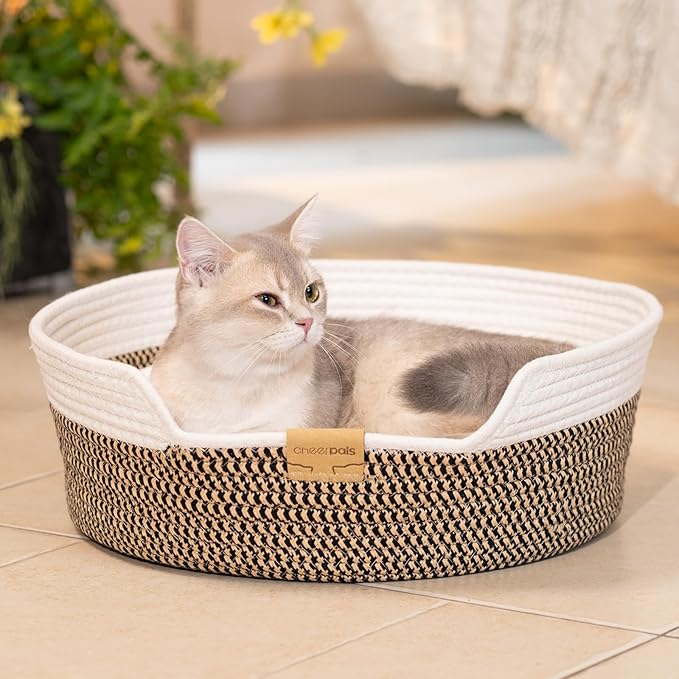 CHEERHOME PETS Cat Bed Basket with Cushion, Cute Pet Bed for Indoor Cats Couch, Kitten Bed for Medium and Large Cat, All Season Universal (Brown)