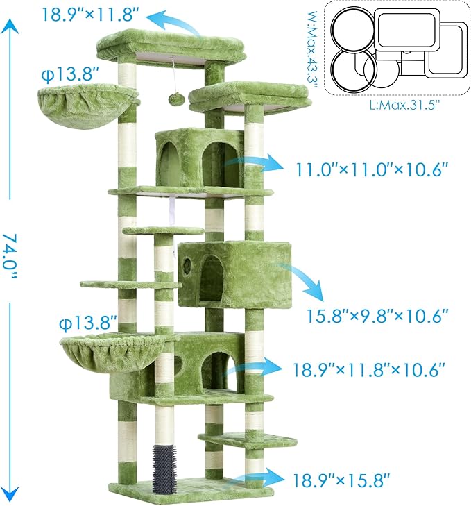 Hey-brother Cat Tree, 74 inches Multi-Level XL Large Cat Tower for Indoor Cats with Three Cat Condos, Two Large Top Decks and Cat Hairbrushfor Kittens, Cats and Pets, Green MPJ035-MGR