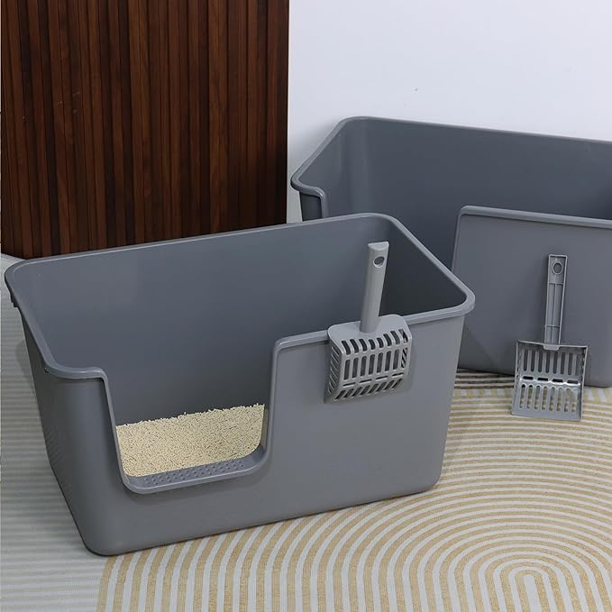 Gloreen 2-Pack Plastic High Sides Cat Litter Box, Open Top Cat Litter Box with Scoop, Grey