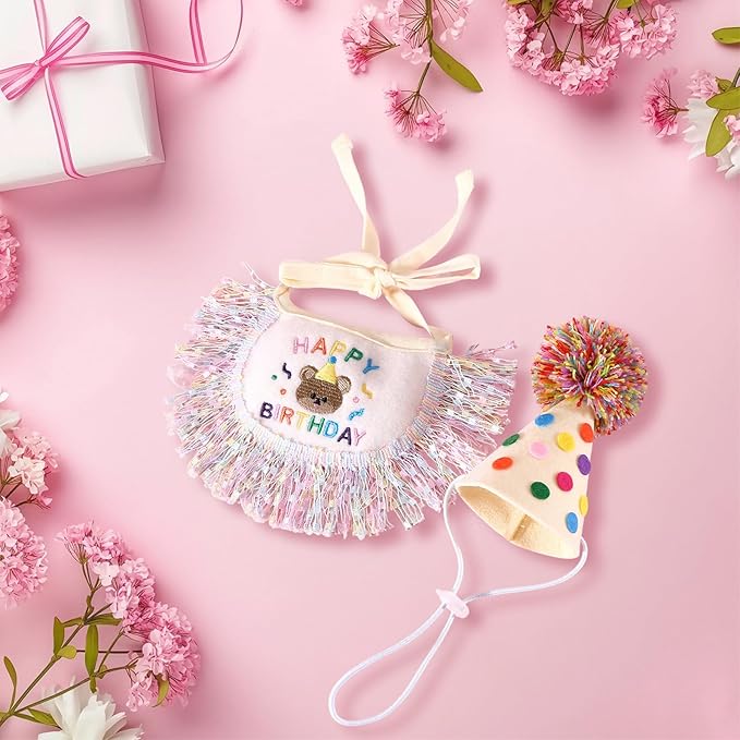 Kunyeah 2Pcs Pet Happy Birthday Hat Scarf Set Puppy Princess Costumes Cute Cat Bandana Outfit Dog Cone Hat wtih Pom-pom Colorful Lace Bib Collar Pet Birthday Decorations Party Supplies (Colorful)