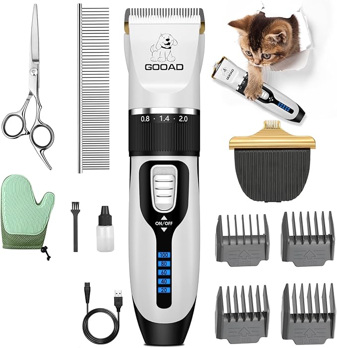 Goood Cat Clippers for Matted & Long Hair, Low Noise Paw Trimmer, Quiet Pet Hair Clippers (White)