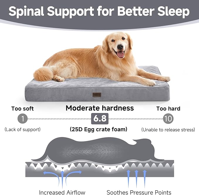OhGeni Orthopedic Waterproof & Machine Washable Dog Bed for Medium Large Pets, Cat Mat with 25D Egg Crate Foam, Non-Slip Bottom & Removable Cover, 44 Inches(Gray)