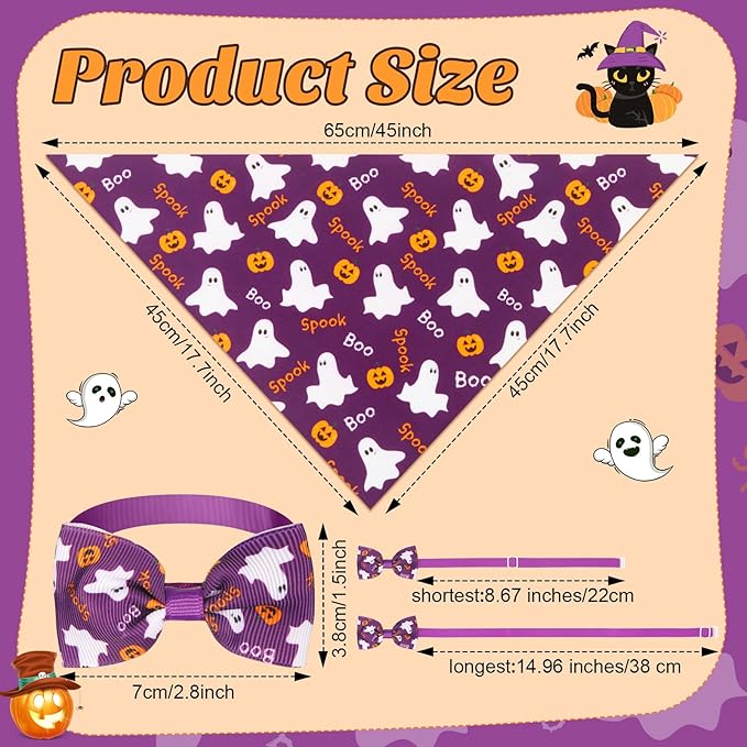 Sanwuta 100 Pcs Halloween Dog Bandanas Bulk and Collar Bow Ties Set 50 Bandanas 50 Charm Dog Collar Pet Ghost Pumpkin Spider Bones Triangle Pet Scarf Bowtie for Small Medium Large Costume