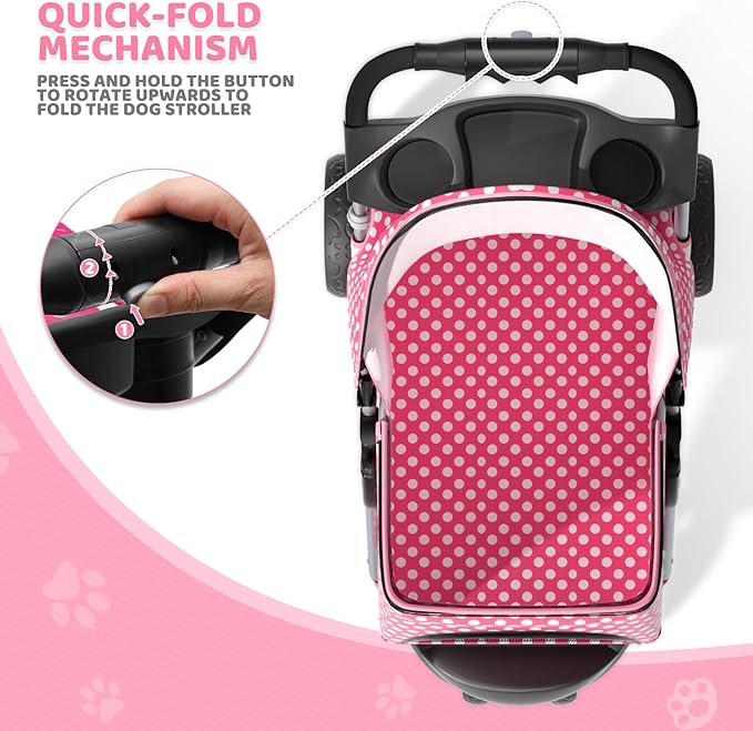 Magshion 3-Wheel Pet Stroller, Foldable Travel Jogger for Small & Medium Dogs & Cats (Up to 33lbs), Lightweight Carrier with Breathable Mesh Cover, Cup Holder & Storage Basket, Hot Pink Polka Dots