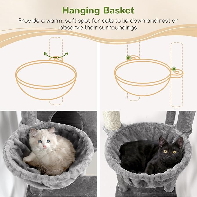 Globlazer Sturdy Cat Tree, 68-inch Large Cat Tower for Indoor Adult Cats 20 lbs Heavy Duty Cat Tree for Big Cats with Extra Large Platform, 5 Scratching Post, S68, Cloud Grey