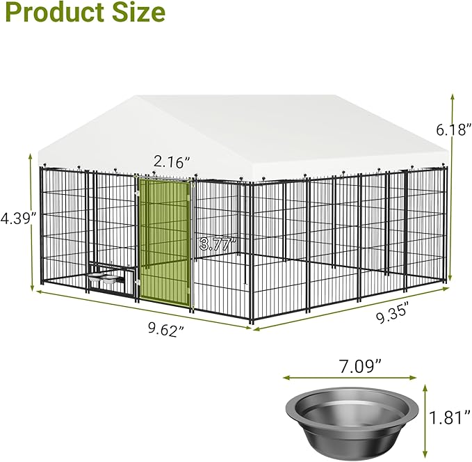 Rovibek 10x10 Ft Outside Dog Kennel with Roof, Large Dog Kennel Outdoor Dogs Cage with 2 Rotating Feeder Bowls, Heavy Duty Dogs Run Enclosure with Waterproof Sun-Proof Cover