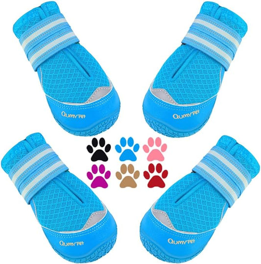 QUMY 4PCS Dog Boots for Large Dogs, Medium Dog Shoes & Paw Protectors for Hot Pavement, Summer Heat Protection, Mesh Breathable Nonslip Dog Booties for Hardfloors, Walking Running Hiking Blue Size 7