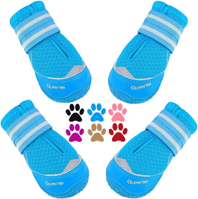 QUMY 4PCS Dog Boots for Large Dogs, Medium Dog Shoes & Paw Protectors for Hot Pavement, Summer Heat Protection, Mesh Breathable Nonslip Dog Booties for Hardfloors, Walking Running Hiking Blue Size 2