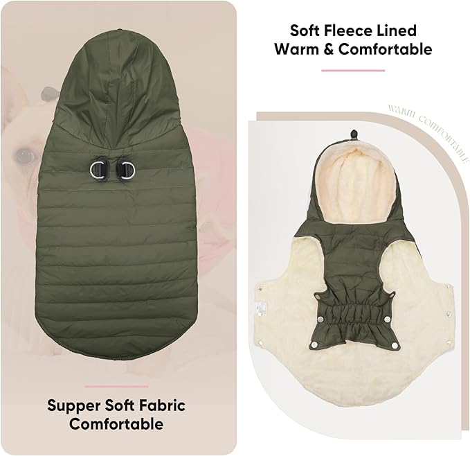 Fleece Lining Dog Hoodie with Harness Built in,Extra Warm Small Dog Jacket in Winter Puppy Coats with Drawstring Hooded,Green M