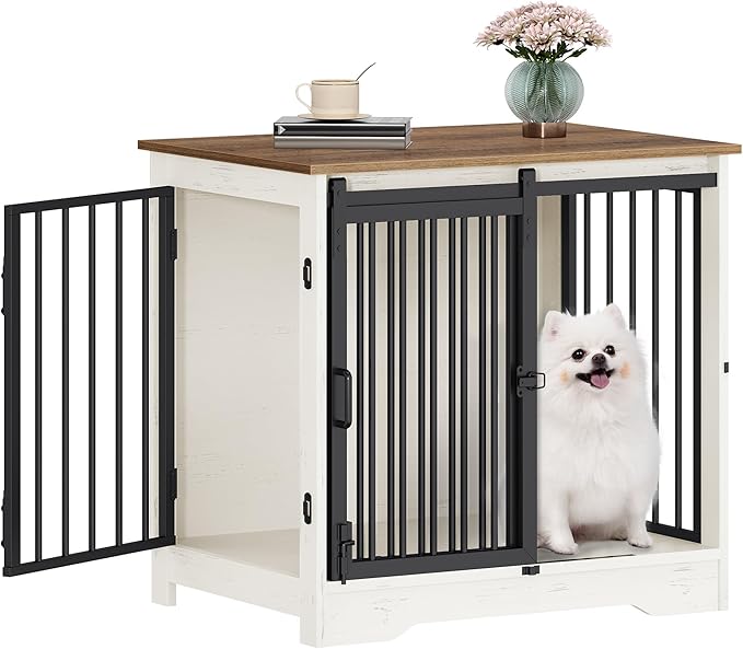 27.2" Dog Crate Furniture with Barn Door, Heavy Duty Dog Kennel Indoor with 2 Doors, Wooden Pet Cage End Table for Small Medium Dogs up to 22 lb, Anti-Chew Anti-Escape, White Brown DFC84314B