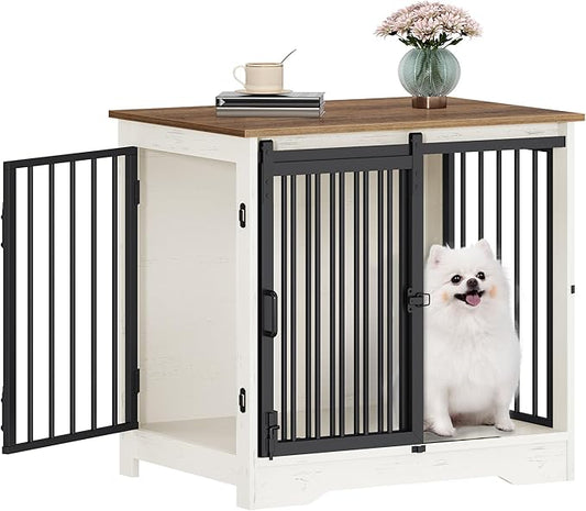 27.2" Dog Crate Furniture with Barn Door, Heavy Duty Dog Kennel Indoor with 2 Doors, Wooden Pet Cage End Table for Small Medium Dogs up to 22 lb, Anti-Chew Anti-Escape, White Brown DFC84314B