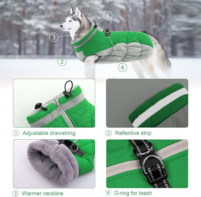 LeLePet Warm Dog Winter Coat, Waterproof, Fleece, Green, X-Small, Turtle Neck, Adjustable, Windproof, for All Breed Sizes