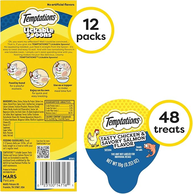 Temptations Lickable Spoons Adult Wet Cat Treat, Tasty Chicken and Savory Salmon Flavor, 4 Spoons, Pack of 12 (48 Total Treats)