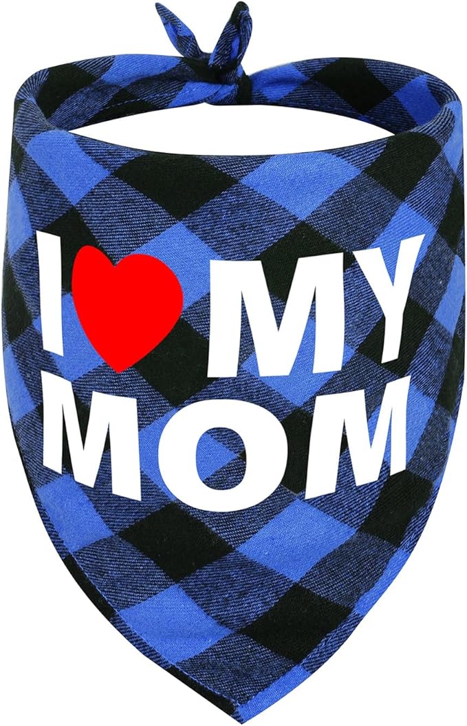 GreenJoy Cute Plaid Dog Bandana – Washable Pet Triangle Scarf for Small, Medium, Large Dogs and Cats, Adjustable Pet Accessory for Birthday, Wedding and Christmas (Blue (I Love My Mom), Small)