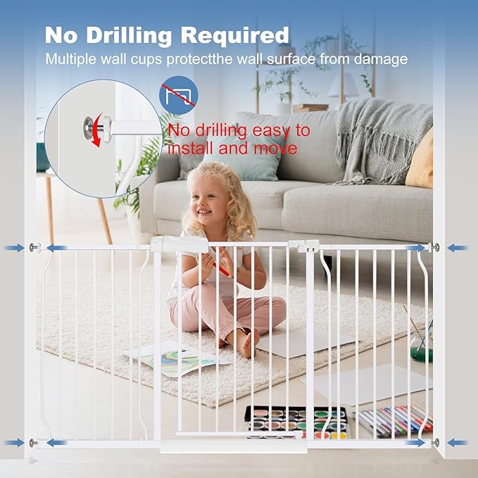 Extra Wide Baby Gate 62.2-66.9 Pressure Mounted,Child Dog Pet Safety Gates with Walk Through Door for Doorways Stairs No Drilling in Door,White