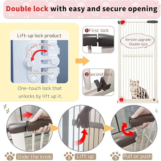 Lumizone Extra Tall Cat Gate 61.02" High Pressure Mounted Extra Wide 34.06"-38.38" (17Sizes) 1.37" Gap No Drilling Auto-Close Tall Pet Gate for Dogs (Cream, 34.06"-38.38"/76.5-97cm)