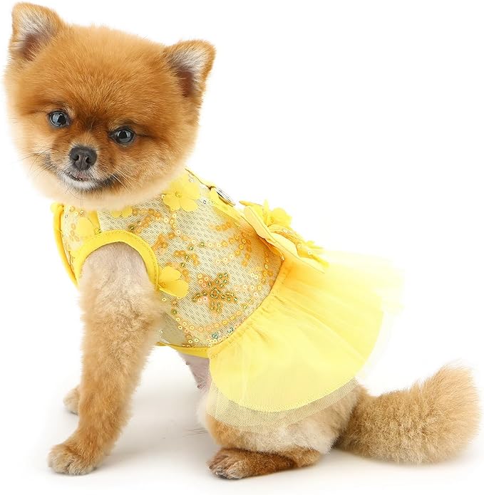 Dog Dress,Luxury Bow Princess Tutu Dresses for Girl Dogs Cute Fashion Mesh Pet Skirt with Sequins Flower Cat Puppy Clothes Wedding Party Outfits Chihuahua Apparel Button up D-Ring,Yellow,L