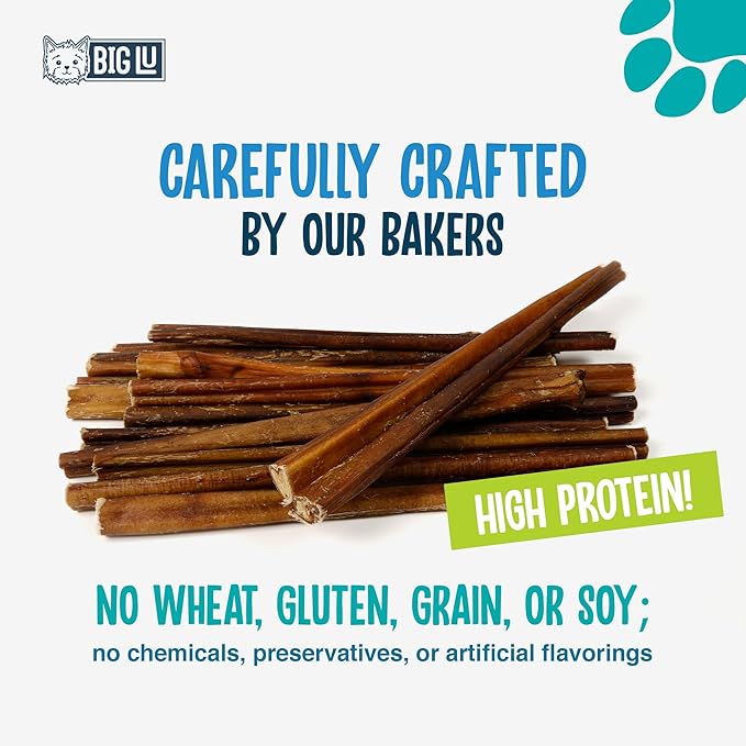 Big Lu - 12” Regular Bully Sticks, 12 Count, 100% Grass-Fed Beef Chews, Fully Digestible, Long-Lasting Treats for Aggressive Chewers, Natural Single-Ingredient Chews for Puppies and Small Dogs