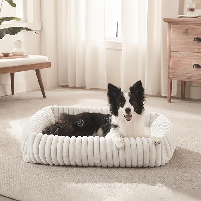 Dog Beds Medium Sized Dog, Washable Orthopedic Pet Bed with Removable Cover, Rectangle Soft Calming Sleeping Puppy Bed Durable Pet Cuddler with Anti-Slip Bottom, 30"x24"x8" Cream