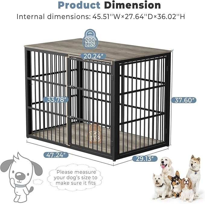 Lyromix 48'' XXL Dog Crate Furniture with 3 Doors, Wooden Crate End Table Heavy Duty Indoor Combination Cage for Medium to Large Dogs, Multiple Units Can be Combined, Grey