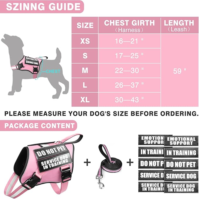 Service Dog Vest Harness and Leash Set+10 Patches,No Pull&Easy Walk Reflective Dog Harness with Soft Padded Handle for Training/Everyday,Fit Small/Medium/Large/Extra-Large Dogs (Pink XL)
