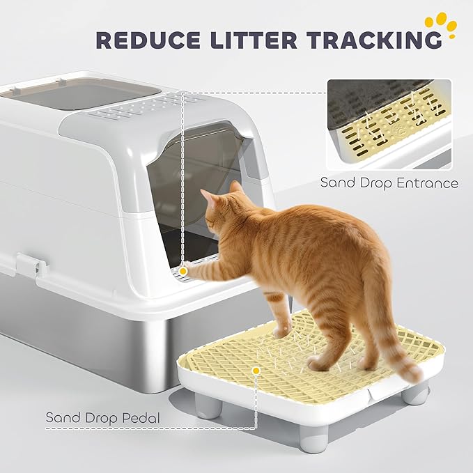 PawHut Stainless Steel Litter Box, Extra Large Enclosed Cat Litter Box with Front-Entry and Top-Exit, Scoop, Deodorizer Bag, Sand Drop Pedal, Anti-Urine Leakage, Non-Sticky and Easy to Clean