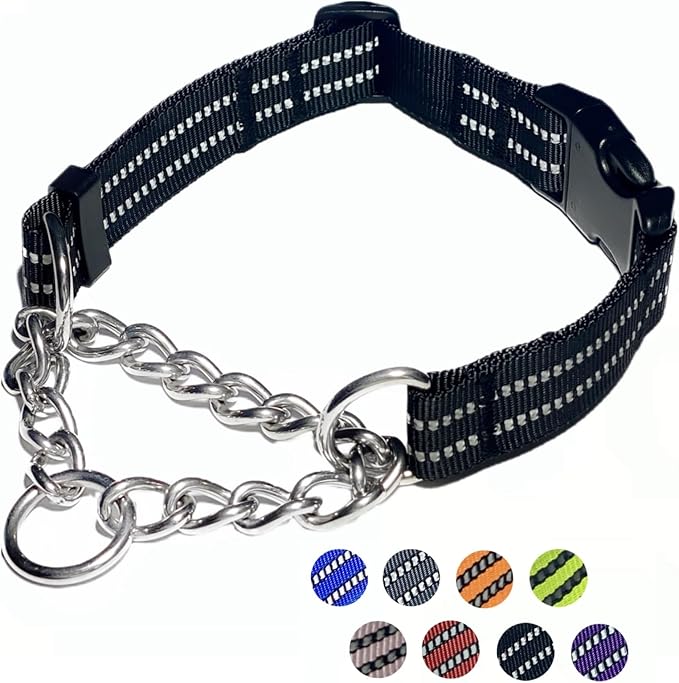 Martingale Dog Collars, Reflective Nylon Collar with Stainless Steel Chain, Adjustable Walking Training Dog Collars with Quick Release Buckle, Suitable for Small Medium Large Dogs(Black,XL)