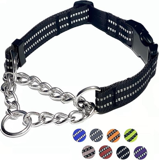 Martingale Dog Collars, Reflective Nylon Collar with Stainless Steel Chain, Adjustable Walking Training Dog Collars with Quick Release Buckle, Suitable for Small Medium Large Dogs(Black,S)