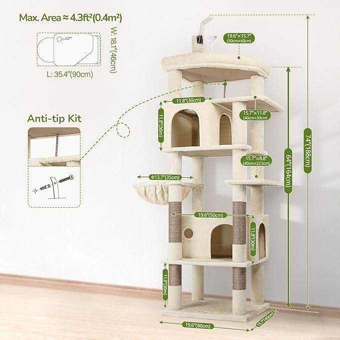 Globlazer Large Cat Tree Tower, Tall Cat Tree Condos for Indoor Cats Large Adult Cat Climbing Tower with 2 Spacious Caves, Oversized Top Perch, Big Hanging Basket, Cat Teaser Wand, F74B, Beige
